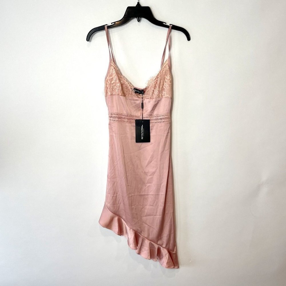 PRETTYLITTLETHING Asymmetric Hem Midi Dress 4 Pink Lace Detail Sleeveless NEW